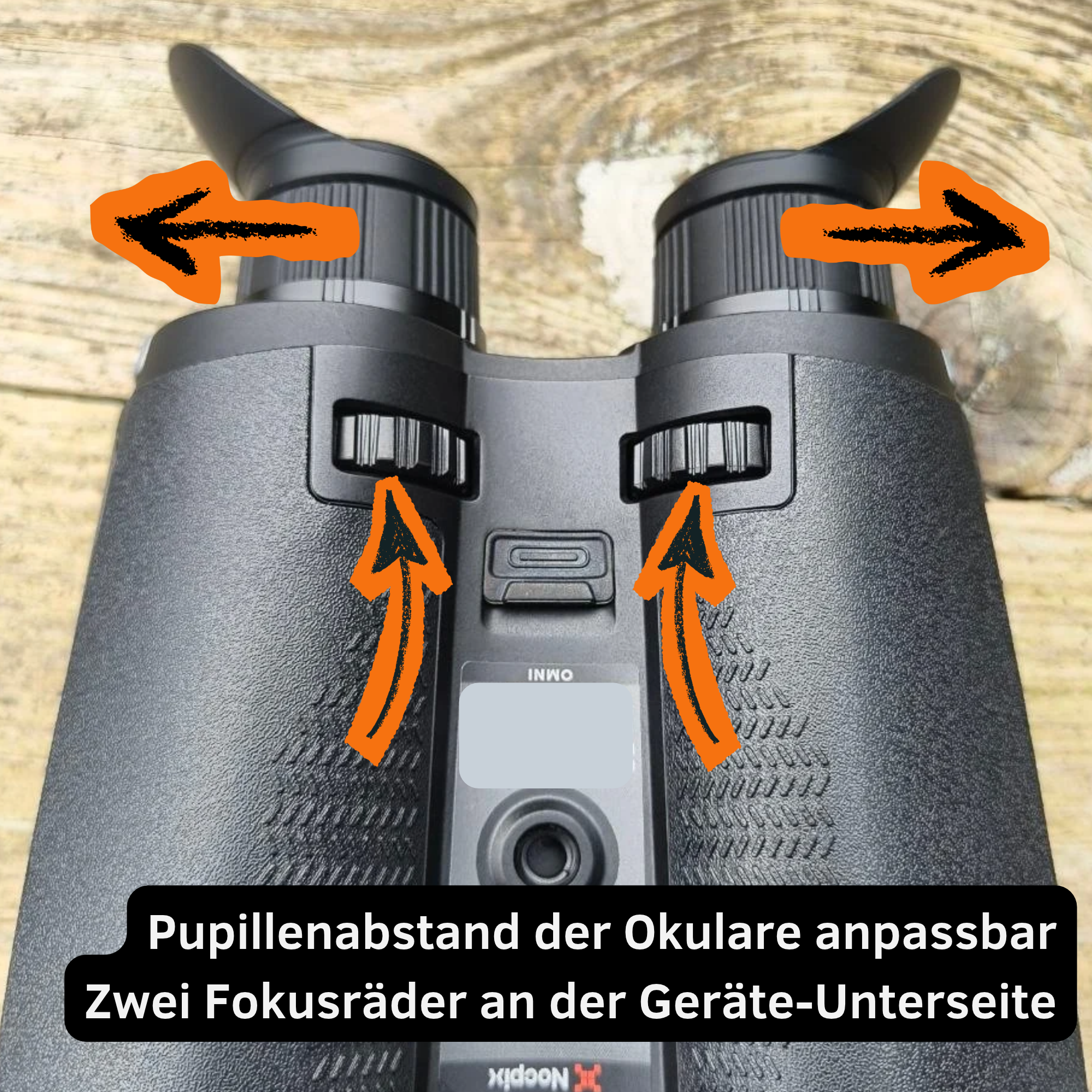 Nocpix OMNI H35R 8K Multispektral-Wärmebildfernglas – Fotos im Ladengeschäft von Venari Jagdtechnik – Ansicht der Unterseite mit Blick auf die Fokusräder