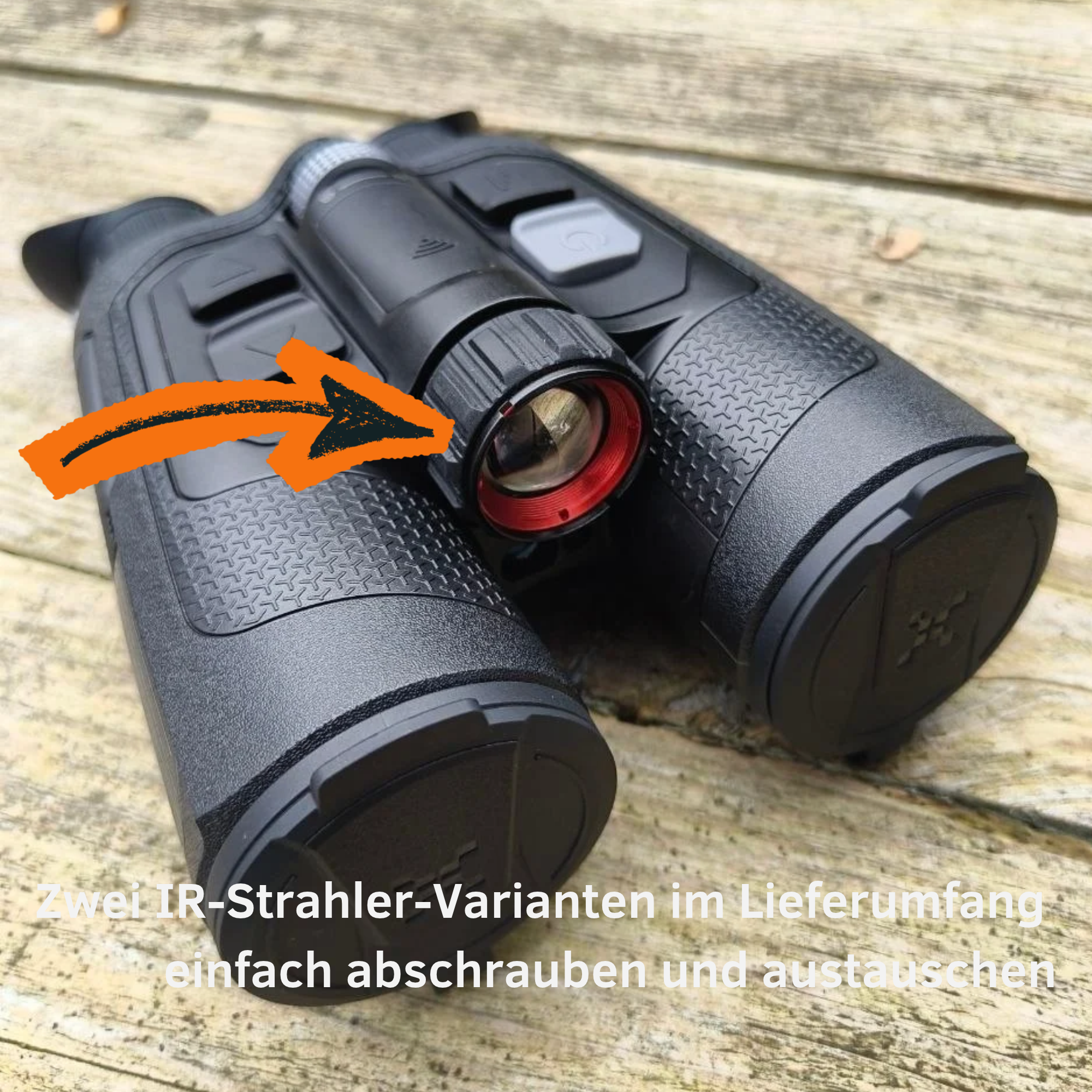 Nocpix OMNI H35R 8K Multispektral-Wärmebildfernglas – Fotos im Ladengeschäft von Venari Jagdtechnik – Ansicht schräg von oben auf IR-Aufheller und Tastenfeld