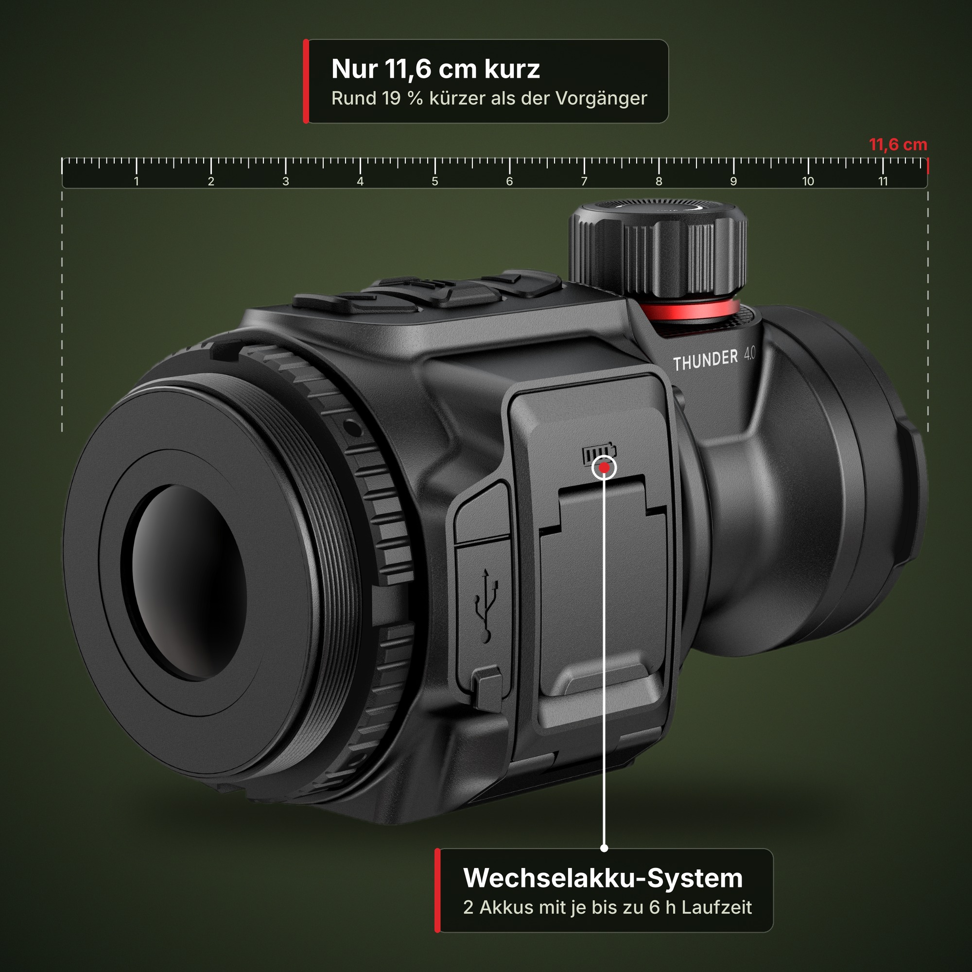 HIKMICRO Thunder TH35C 4.0 Wärmebild-Vorsatzgerät mit Lineal für die Länge von 11,6 cm und Akkufach für das Wechselakku-System