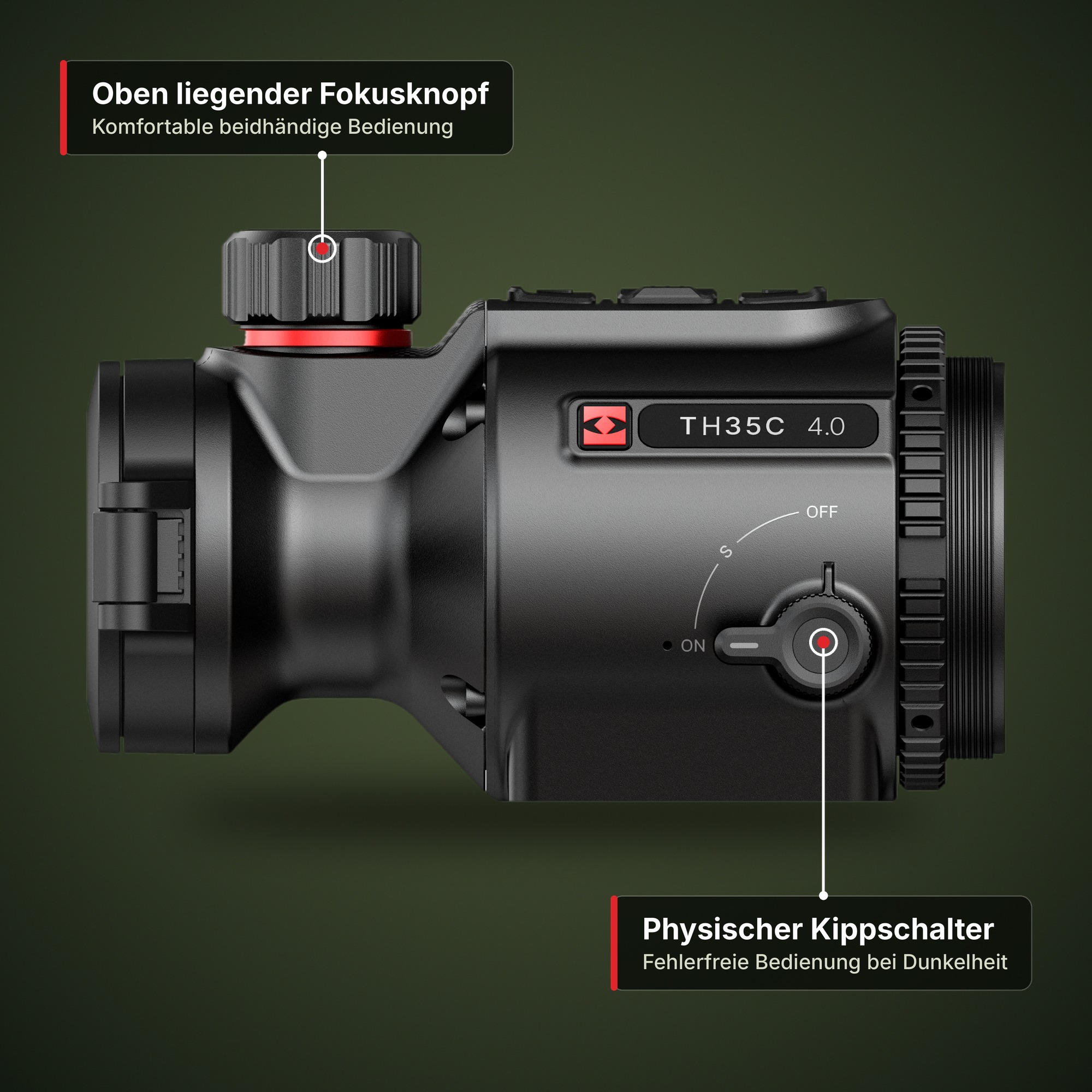 HIKMICRO Thunder TH35C 4.0 Wärmebild-Vorsatzgerät in der Seitenansicht mit oben liegendem Fokusknopf und physischem Kippschalter