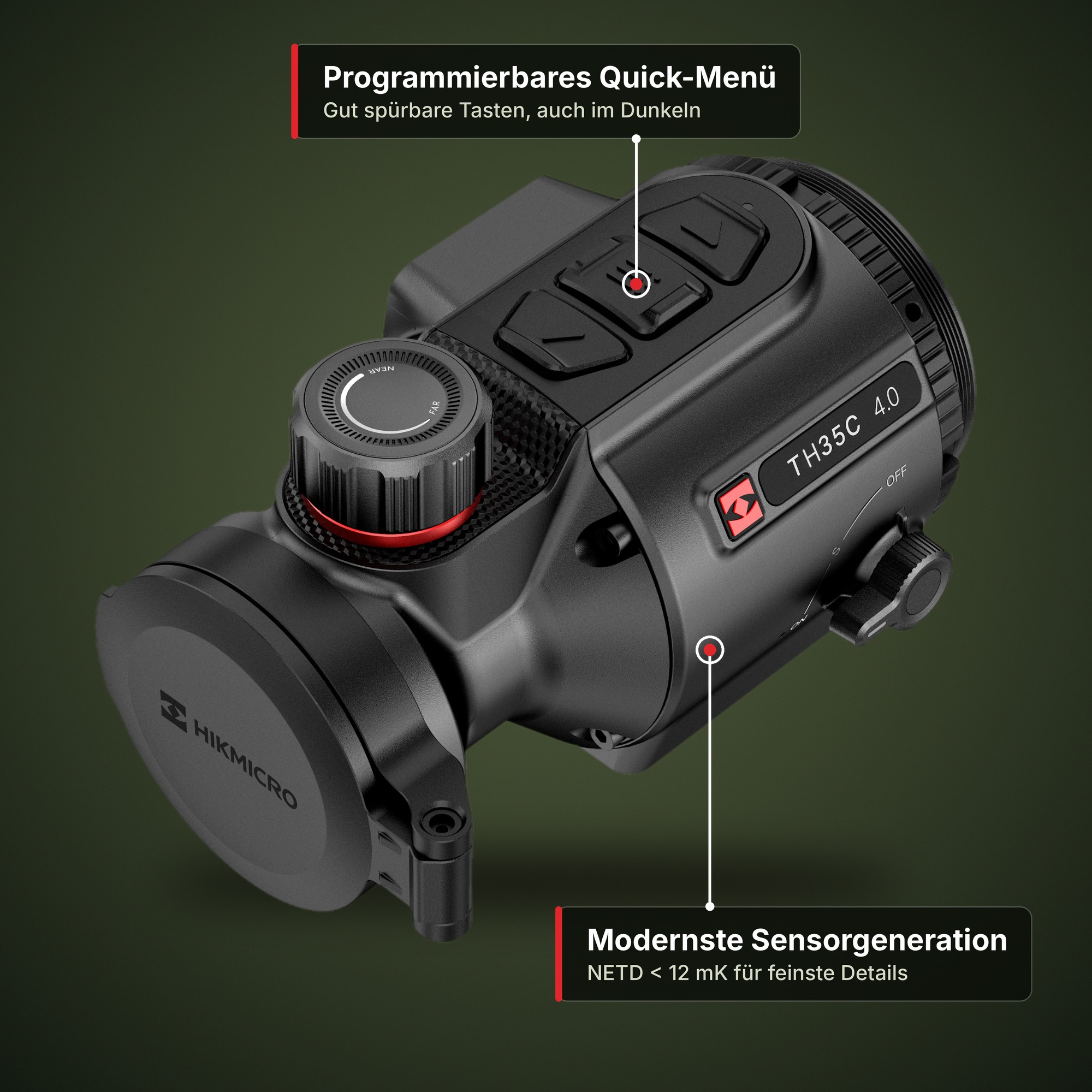 HIKMICRO Thunder TH35C 4.0 Wärmebild-Vorsatzgerät von oben mit Bedientasten für das Quick-Menü und Sensor mit NETD unter 12 mK