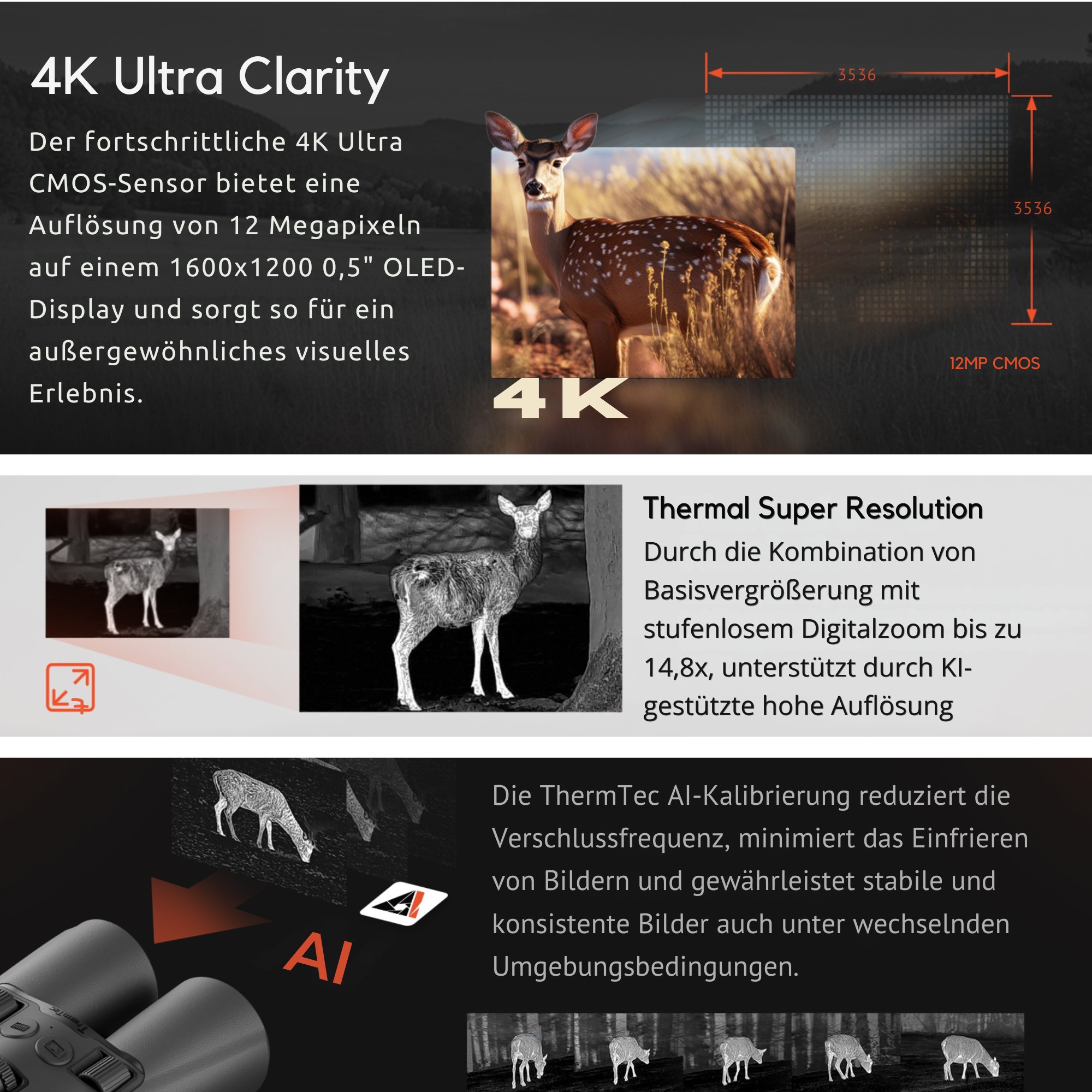 ThermTec Ventus Serie: 4K-Tageskanal und Wärmebild mit KI-Kalibrierung ohne Einfrieren des Bildes