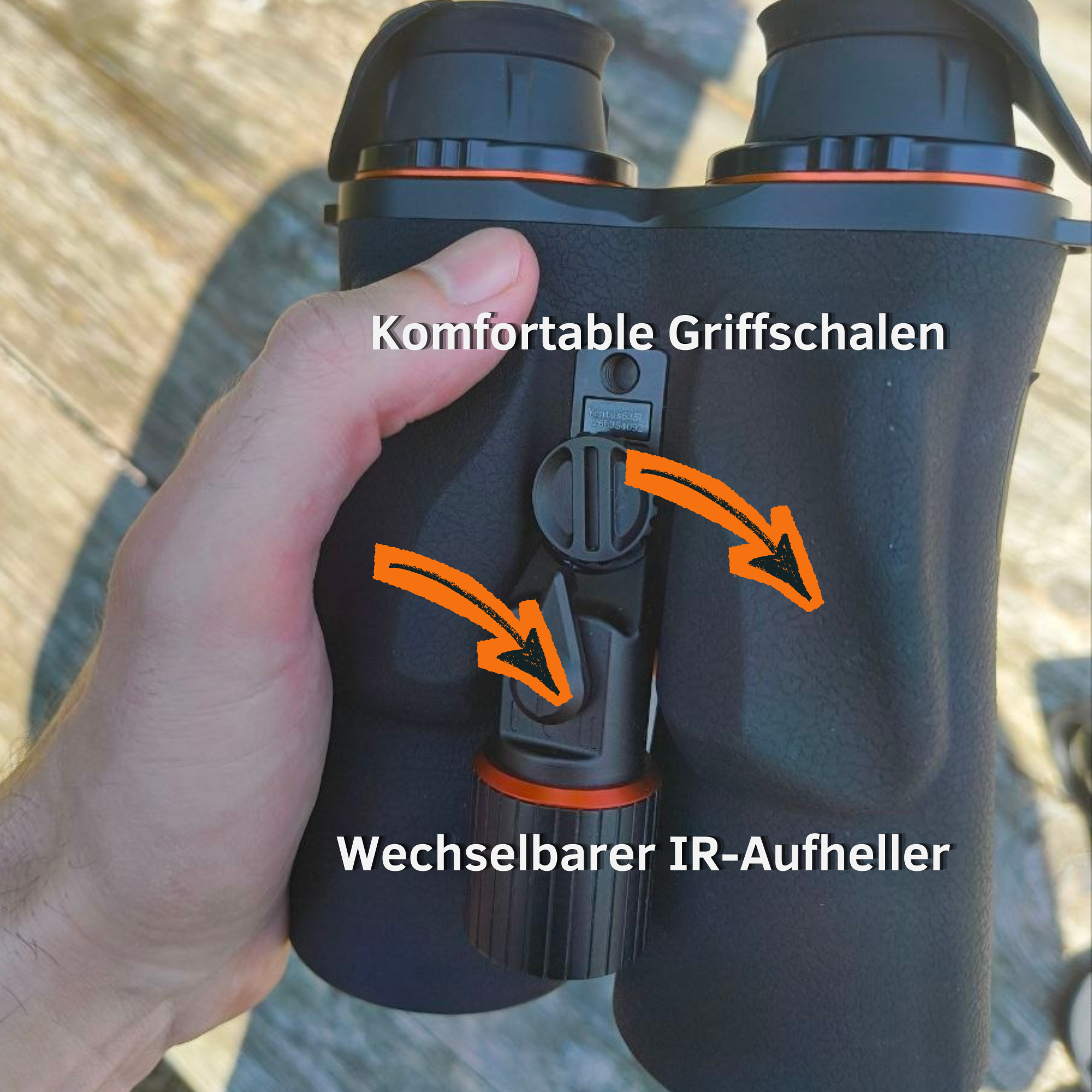 Unterseite des ThermTec Ventus mit Griffschalen und abnehmbarem IR-Aufheller für 850 und 940 nm